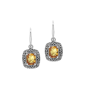 Sterling Silver Cushion Citrine Quartz Earrings With Ornate Scroll Frame Handcrafted In Bali