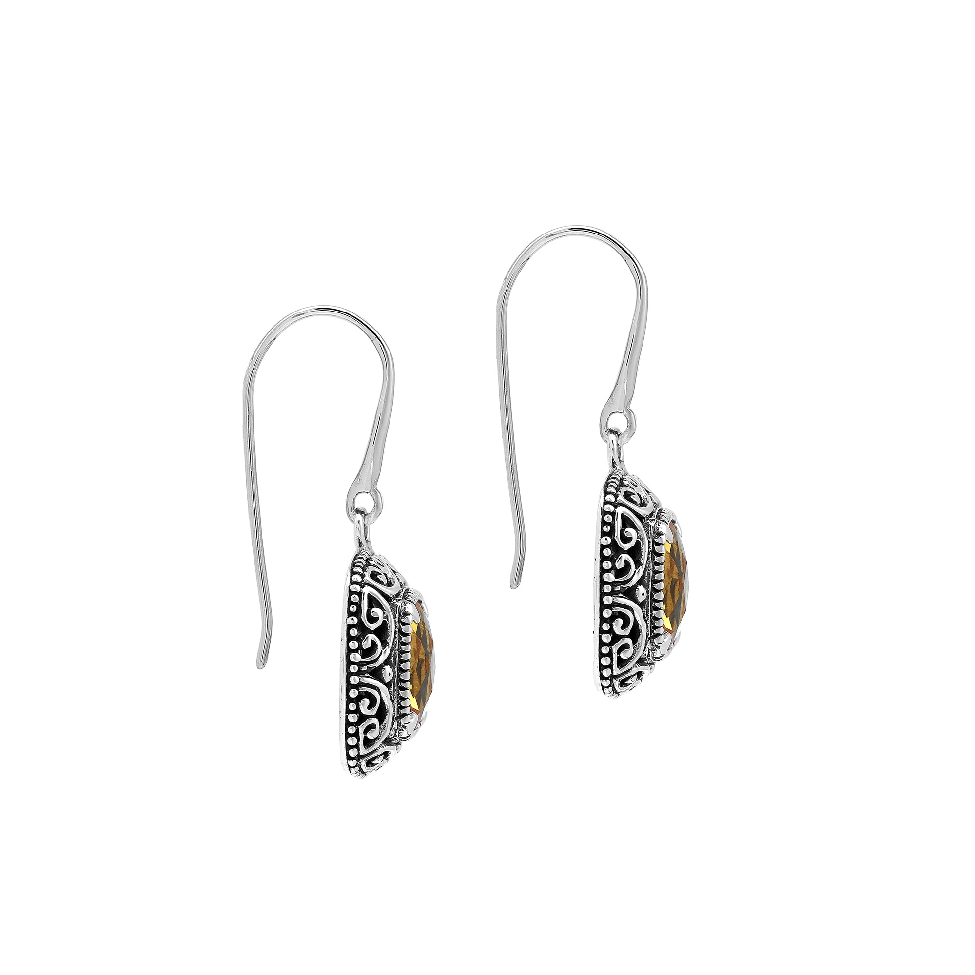 Sterling Silver Cushion Citrine Quartz Earrings With Ornate Scroll Frame Handcrafted In Bali