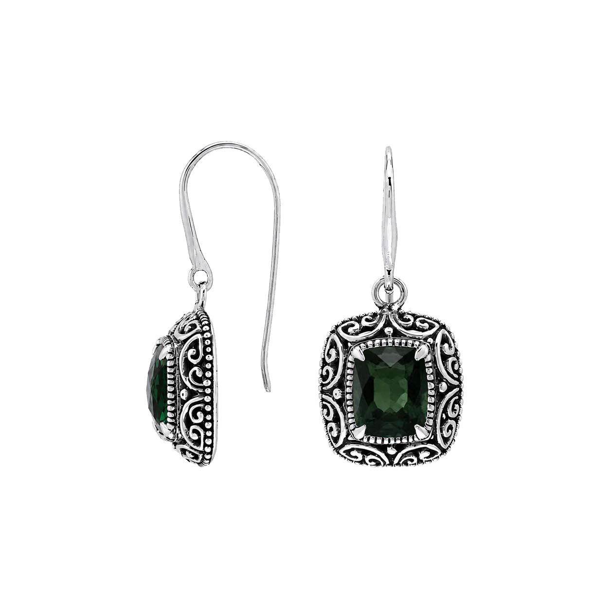 Sterling silver Green Quartz cushion cut drop earrings with handcrafted Balinese detailing