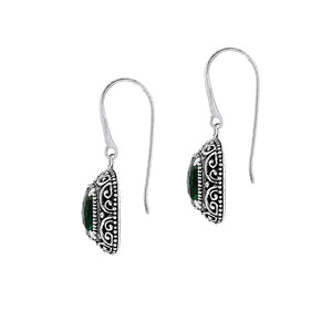 Sterling silver Green Quartz cushion cut drop earrings with handcrafted Balinese detailing