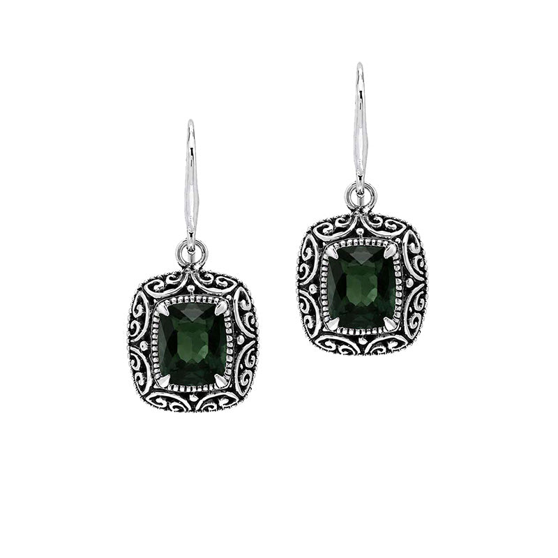 Sterling silver Green Quartz cushion cut drop earrings with handcrafted Balinese detailing