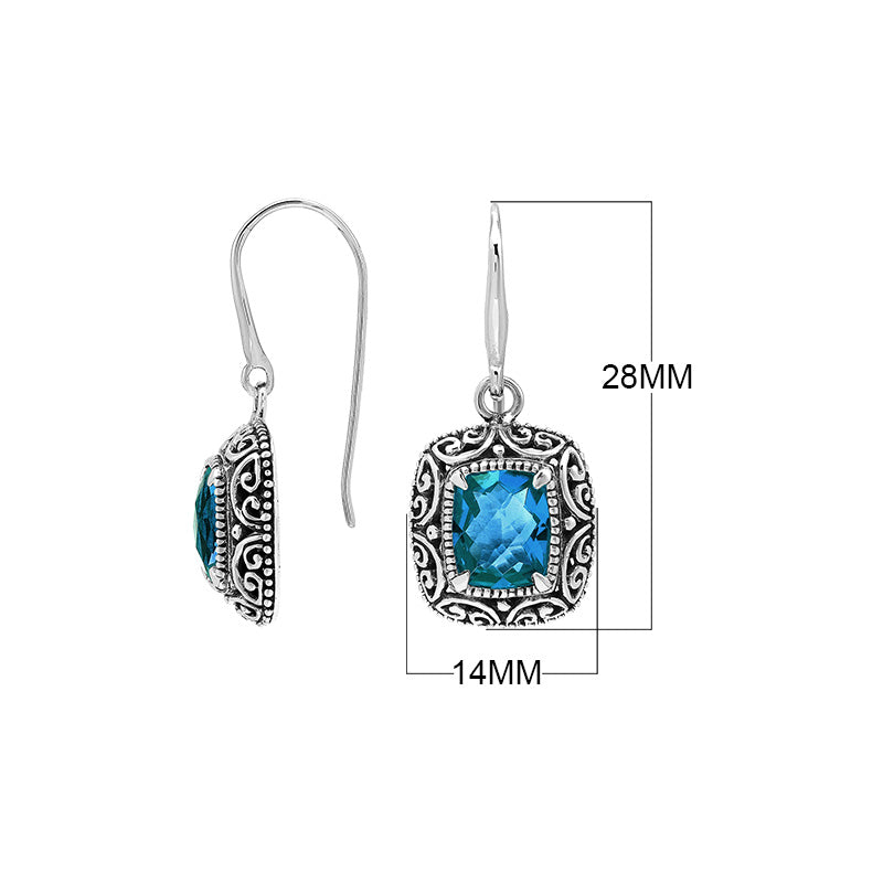 Sterling Silver Cushion London Blue Topaz Quartz Earrings With Ornate Scroll Frame Handcrafted In Bali