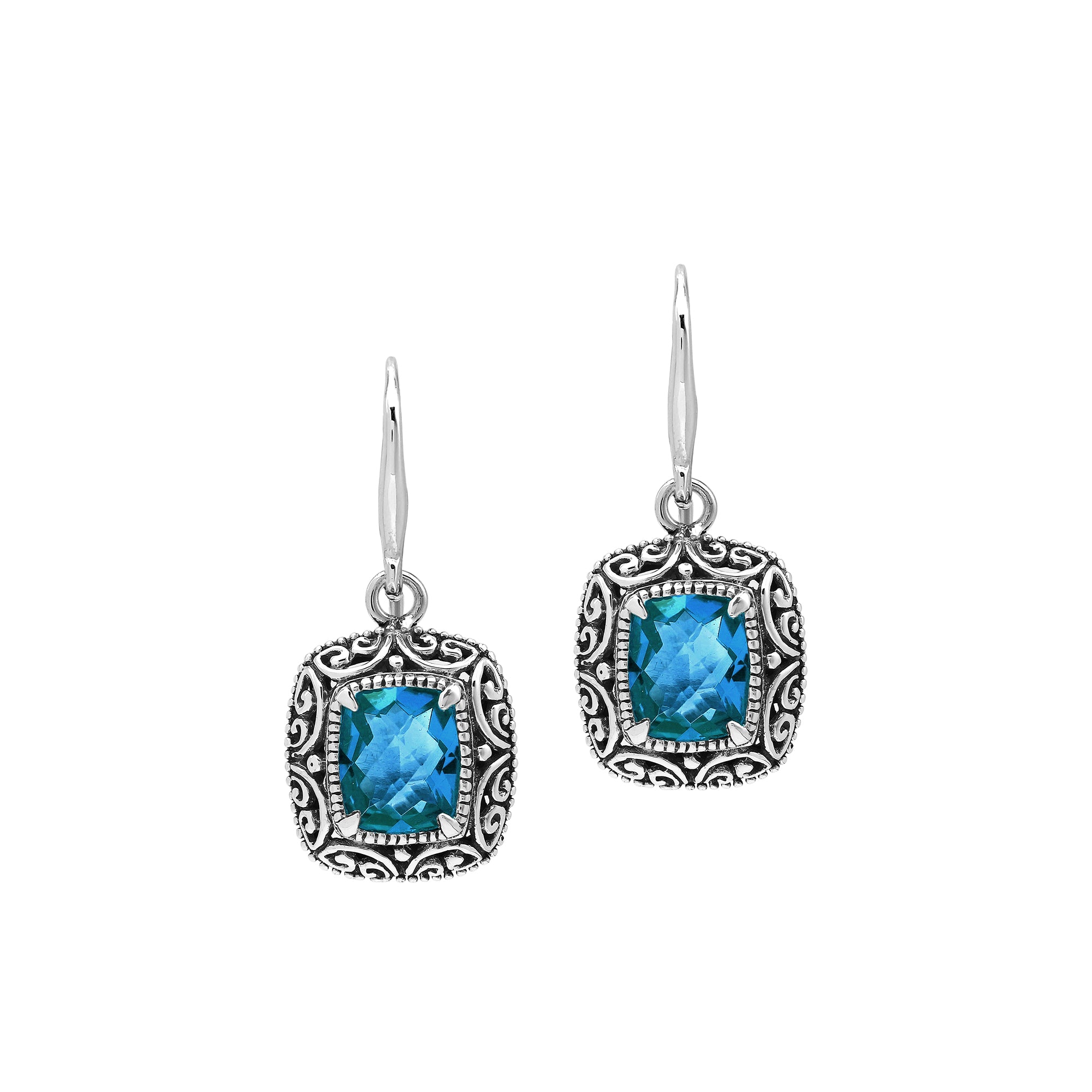 Sterling Silver Cushion London Blue Topaz Quartz Earrings With Ornate Scroll Frame Handcrafted In Bali