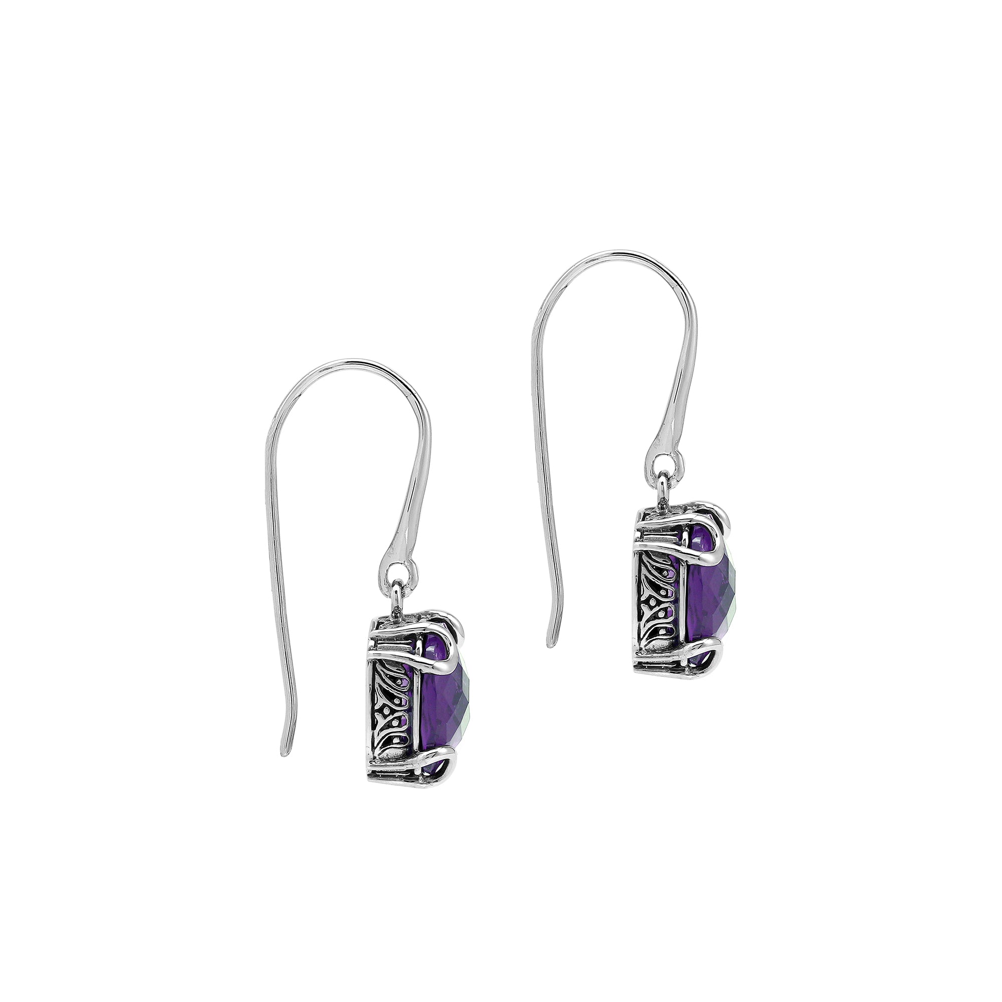 Sterling Silver Round Amethyst Quartz Earrings With Sculpted Scroll Prongs Handcrafted In Bali