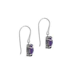 Sterling Silver Round Amethyst Quartz Earrings With Sculpted Scroll Prongs Handcrafted In Bali