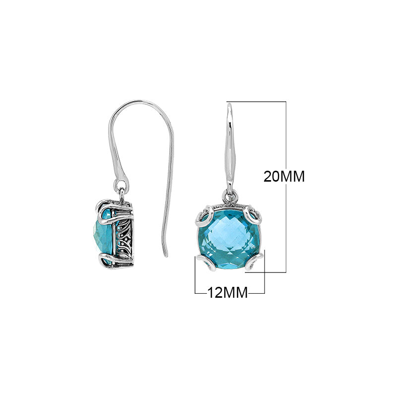 Sterling Silver Round Blue Topaz Quartz Earrings With Sculpted Scroll Prongs Handcrafted In Bali