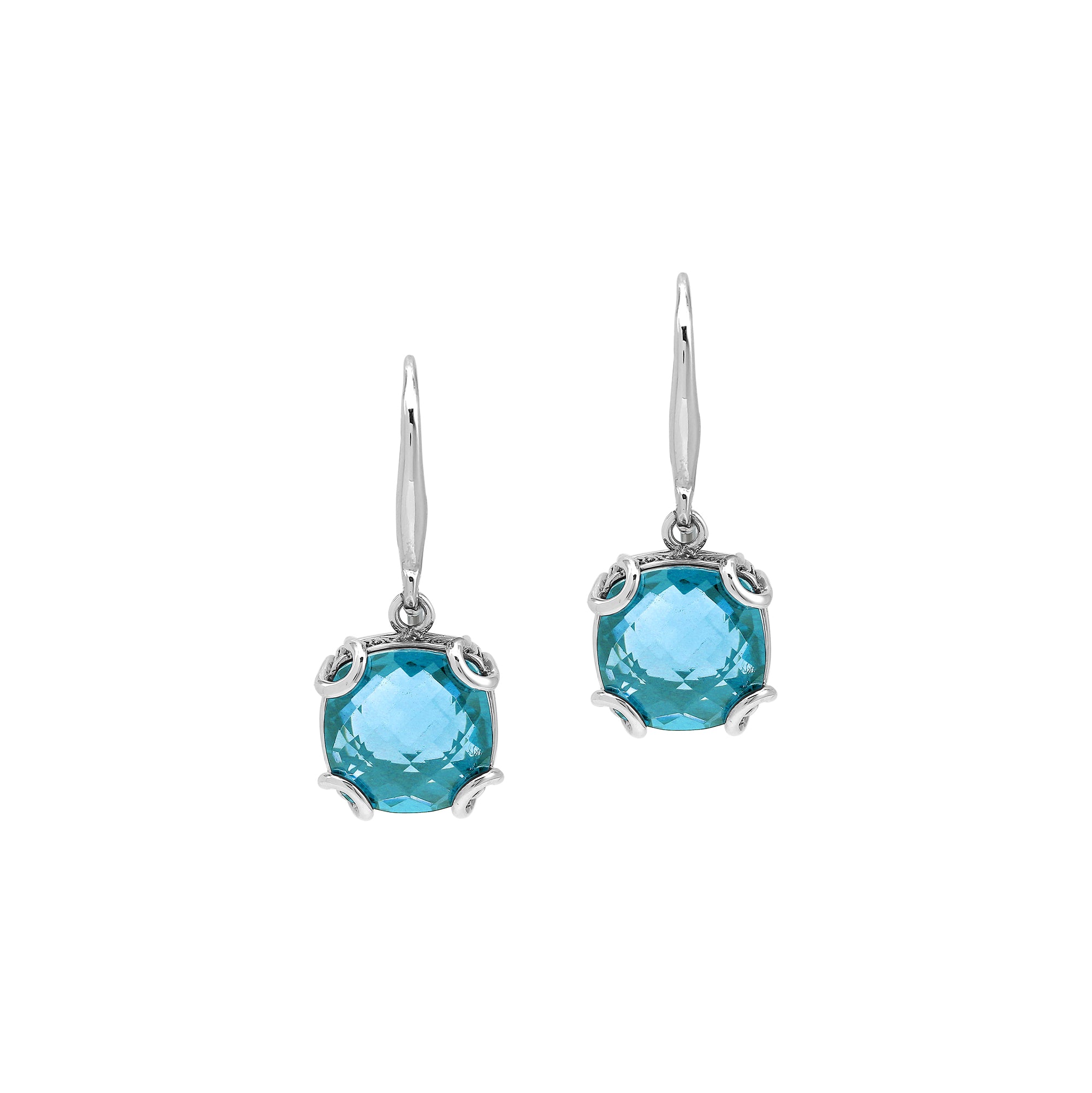 Sterling Silver Round Blue Topaz Quartz Earrings With Sculpted Scroll Prongs Handcrafted In Bali