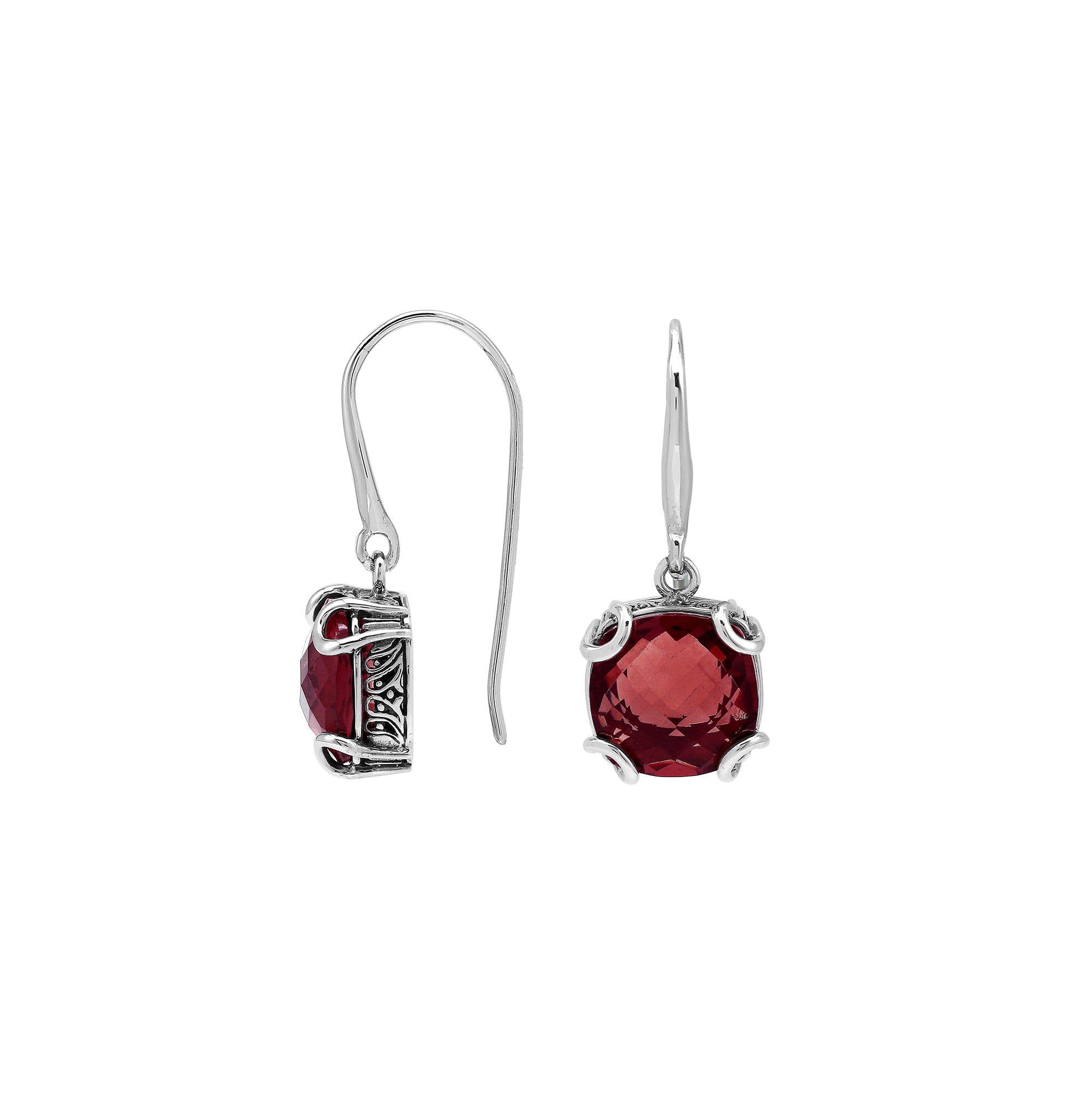 Sterling Silver Round Garnet Quartz Earrings With Sculpted Scroll Prongs Handcrafted In Bali