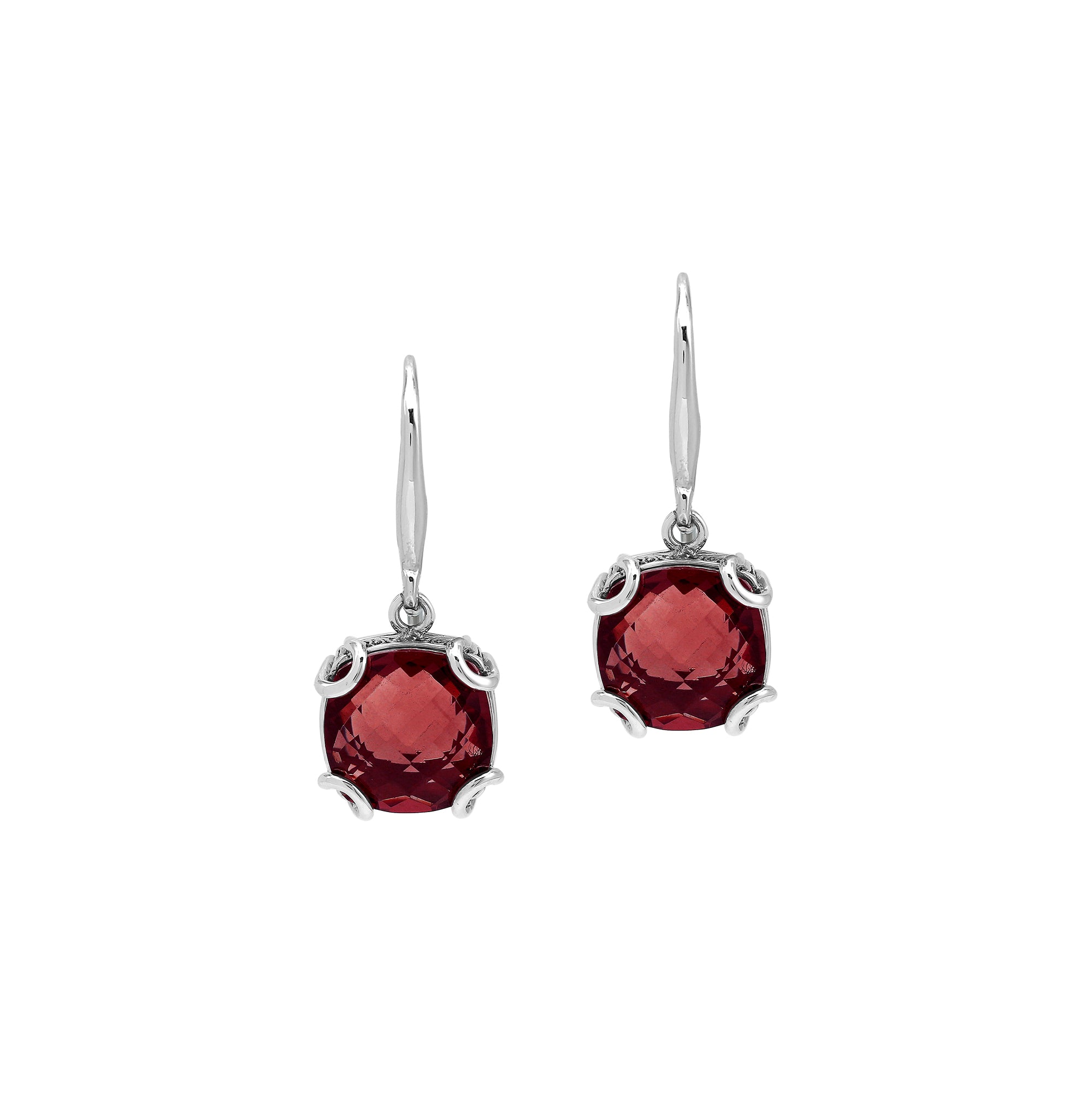 Sterling Silver Round Garnet Quartz Earrings With Sculpted Scroll Prongs Handcrafted In Bali
