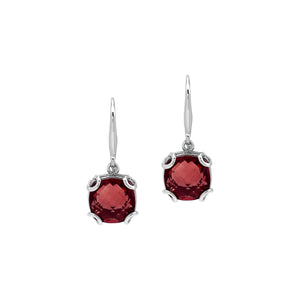 Sterling Silver Round Garnet Quartz Earrings With Sculpted Scroll Prongs Handcrafted In Bali