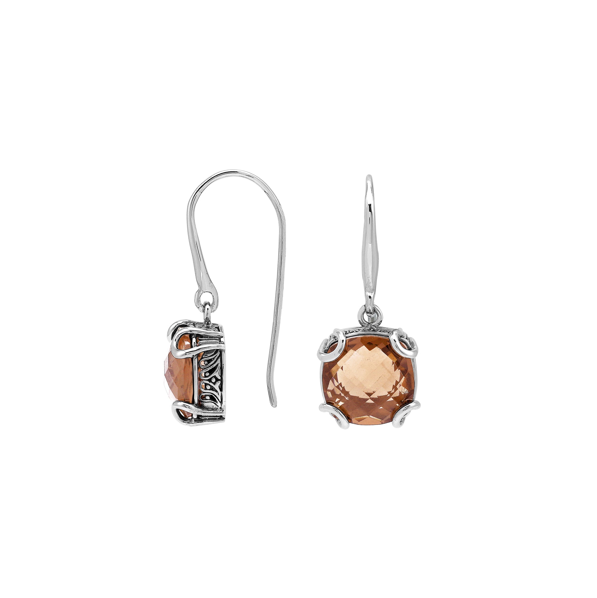 Sterling Silver Round Morganite Quartz Earrings With Sculpted Scroll Prongs Handcrafted In Bali