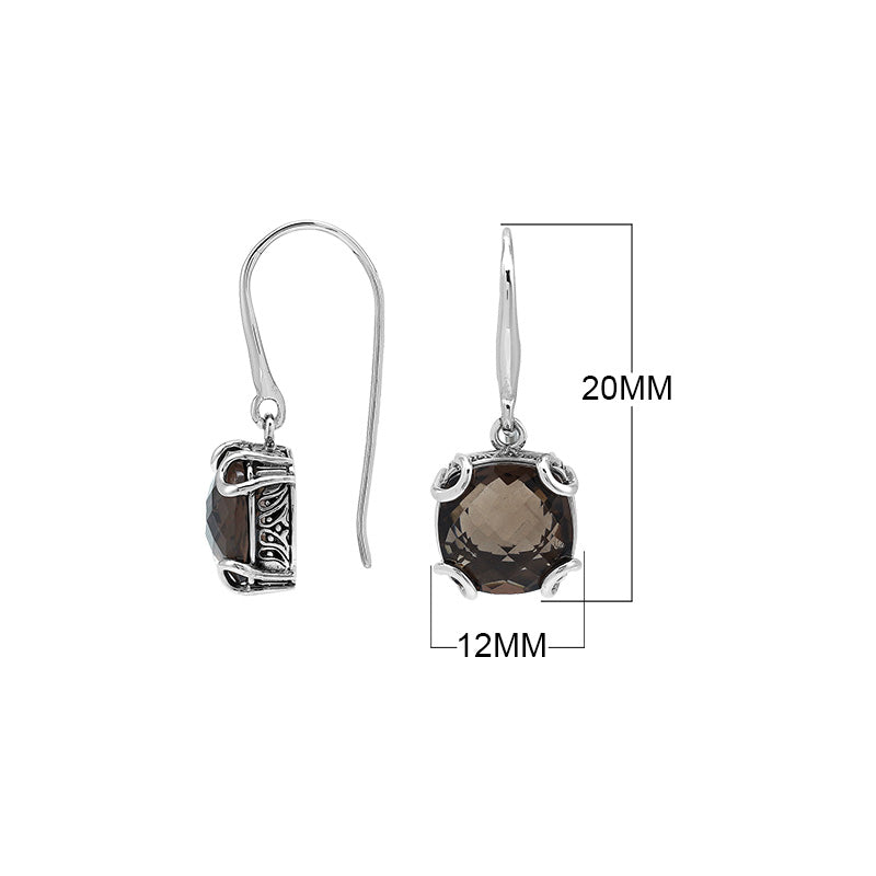 Sterling Silver Round Smokey Quartz Earrings With Sculpted Scroll Prongs Handcrafted In Bali