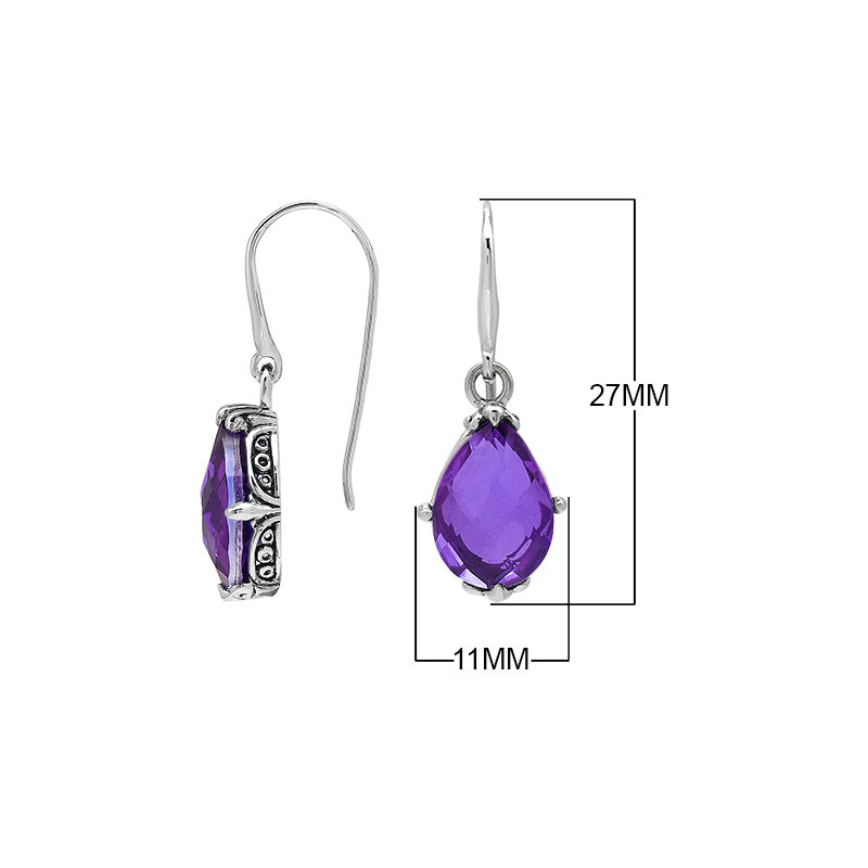 Wholesale Sterling Silver Amethyst Quartz Teardrop Earrings With Detailed Balinese-Style Metalwork.