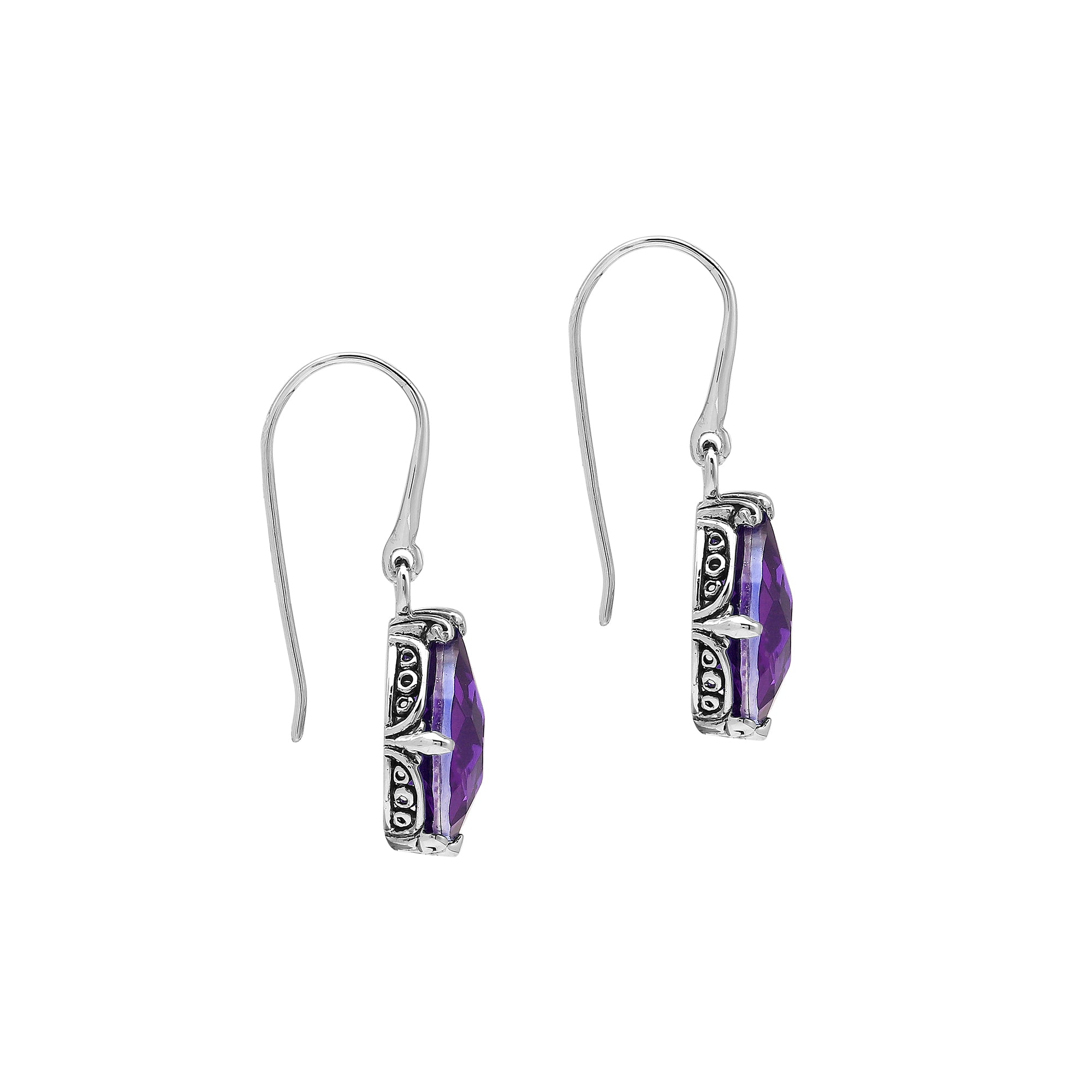 Wholesale Sterling Silver Amethyst Quartz Teardrop Earrings With Detailed Balinese-Style Metalwork.