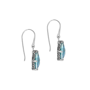 Wholesale Sterling Silver Blue Topaz Quartz Teardrop Earrings With Detailed Balinese-Style Metalwork.