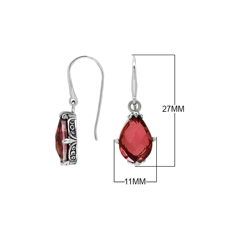 Wholesale Sterling Silver Garnet Quartz Teardrop Earrings With Detailed Balinese-Style Metalwork.