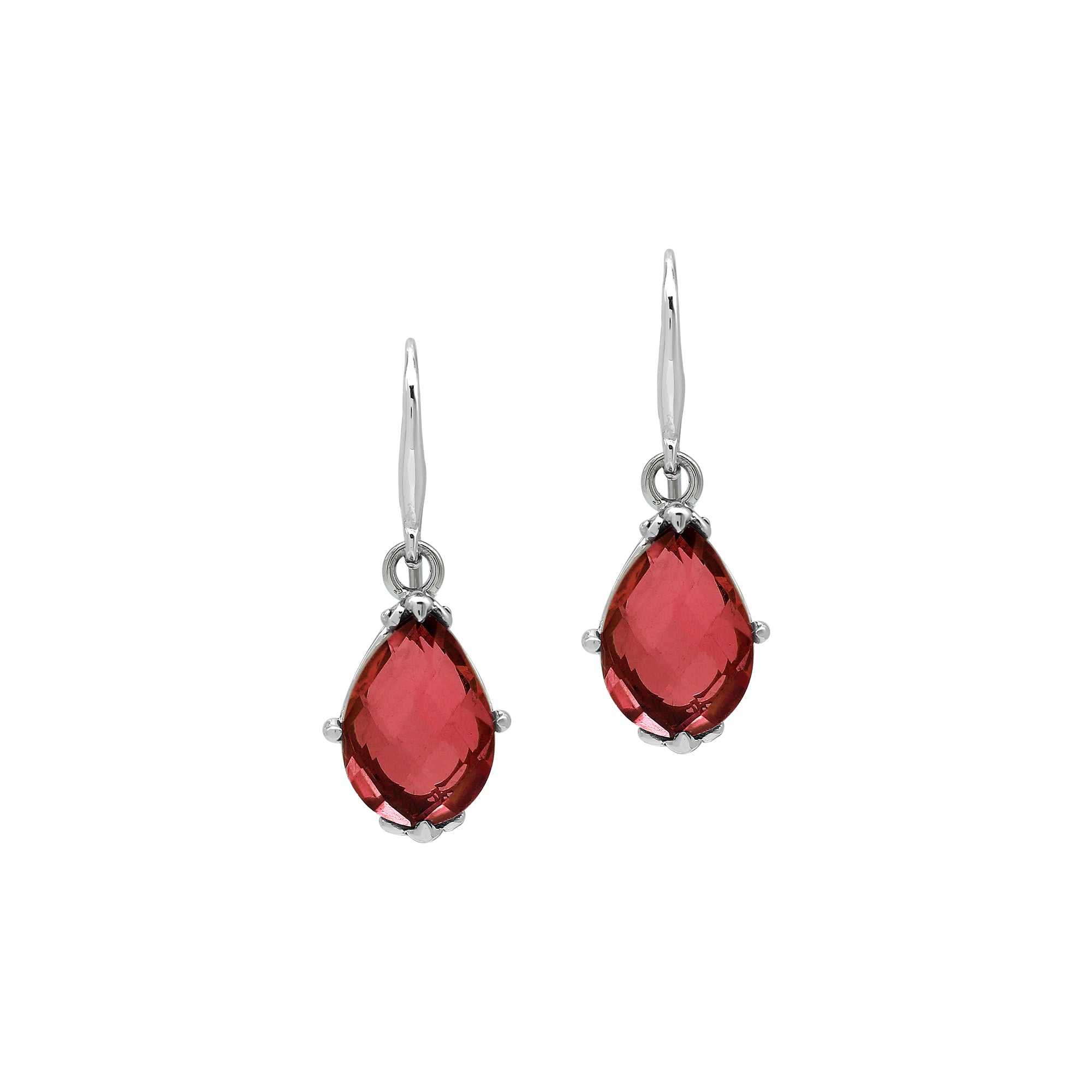 Wholesale Sterling Silver Garnet Quartz Teardrop Earrings With Detailed Balinese-Style Metalwork.