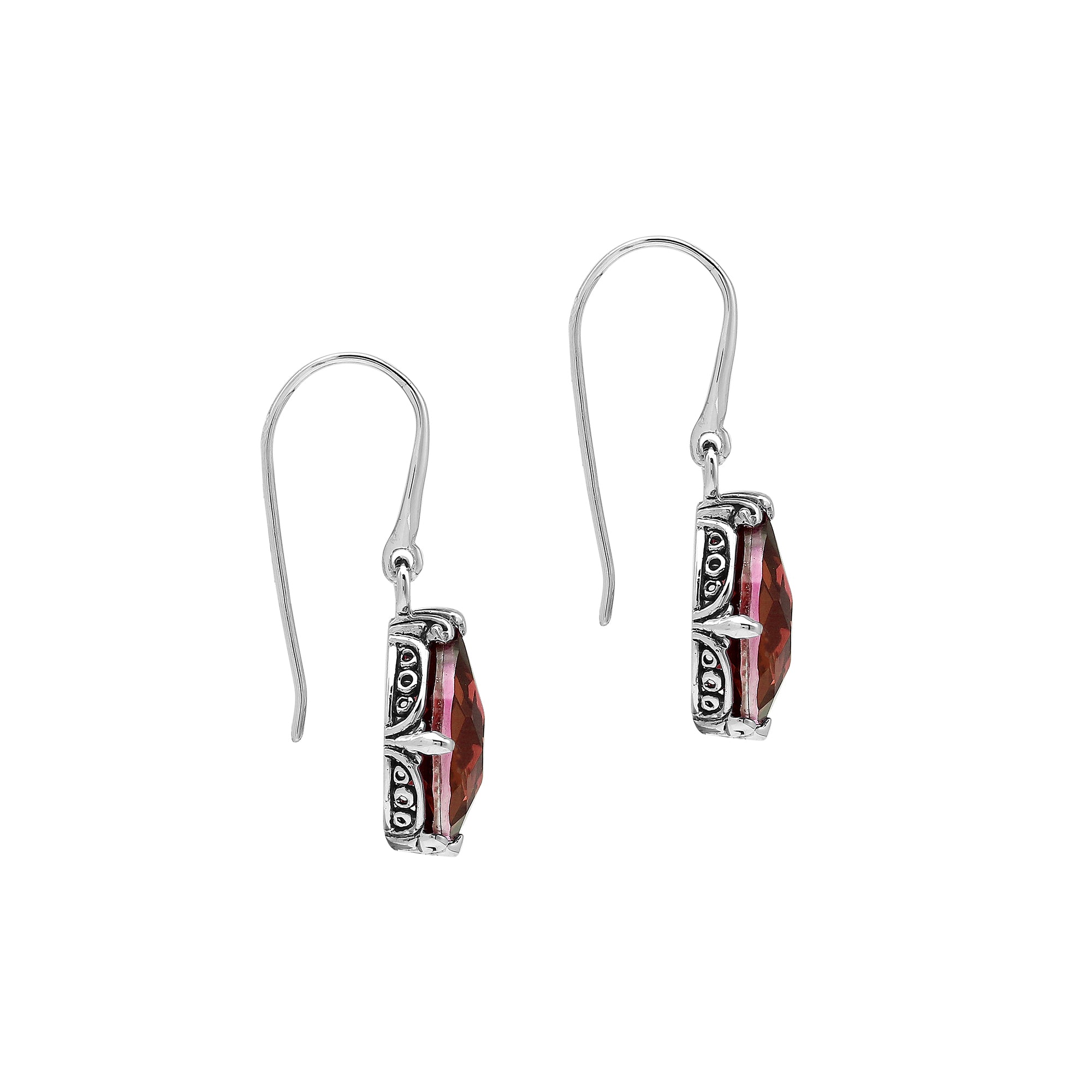 Wholesale Sterling Silver Garnet Quartz Teardrop Earrings With Detailed Balinese-Style Metalwork.