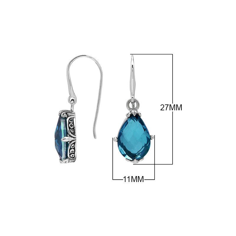 Wholesale Sterling Silver Blue Topaz Quartz Teardrop Earrings With Detailed Balinese-Style Metalwork.