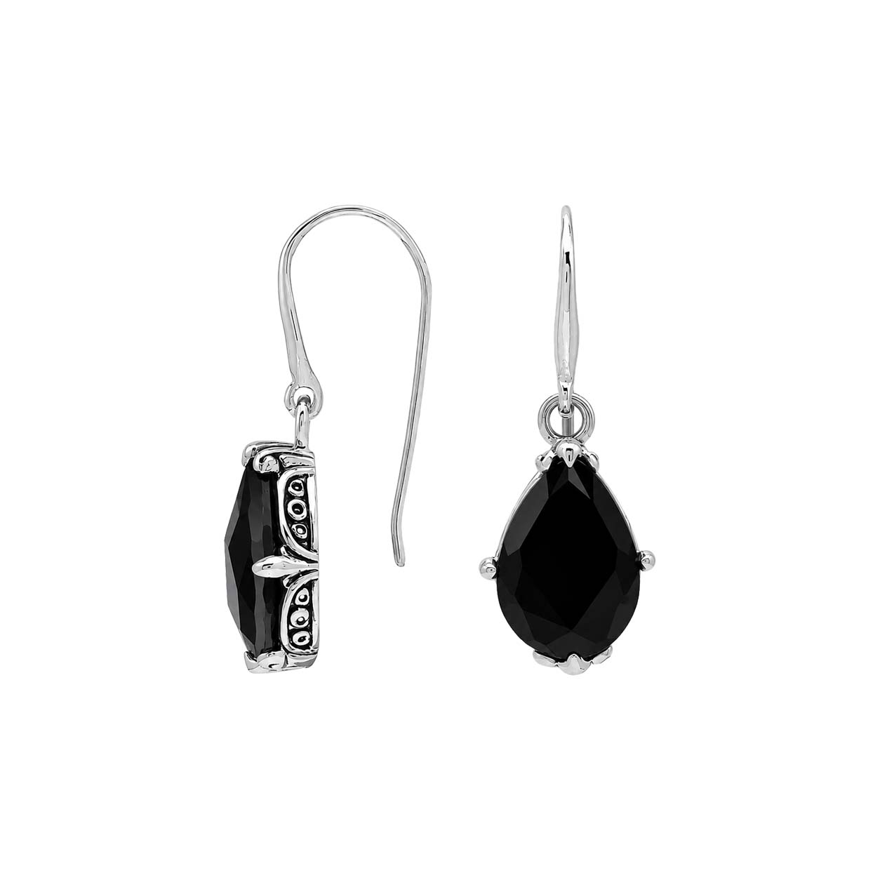 Sterling Silver Black Onyx pear shape drop earrings with handcrafted Balinese detailing
