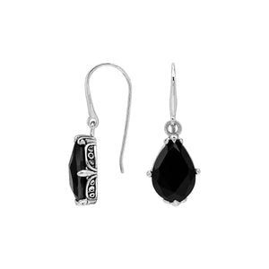 Sterling Silver Black Onyx pear shape drop earrings with handcrafted Balinese detailing