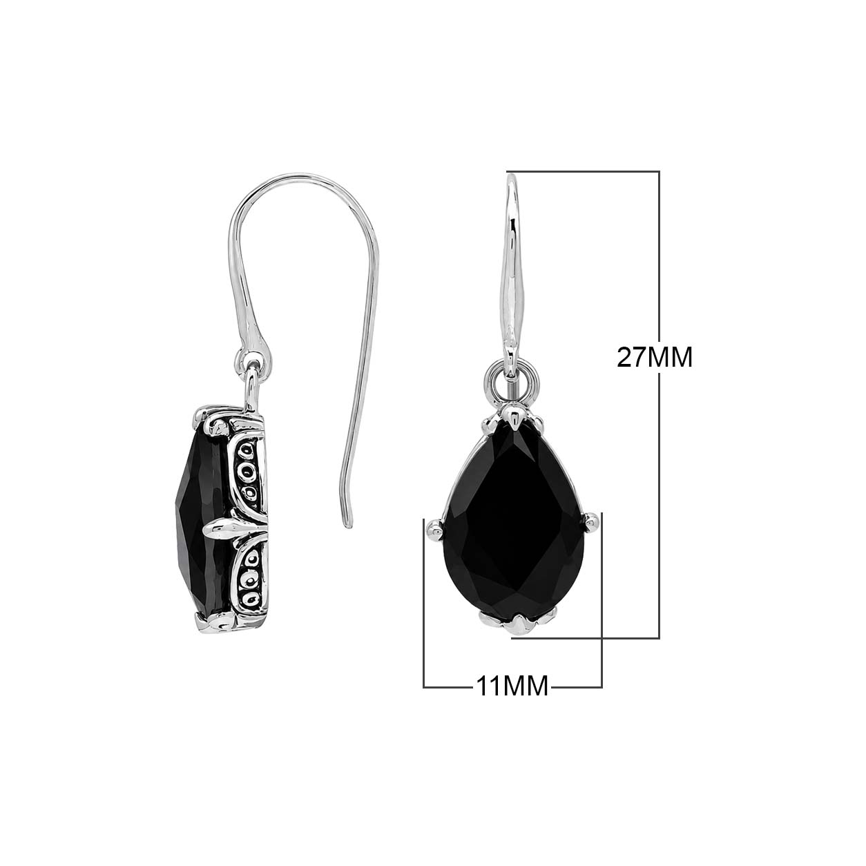 Sterling Silver Black Onyx pear shape drop earrings with handcrafted Balinese detailing