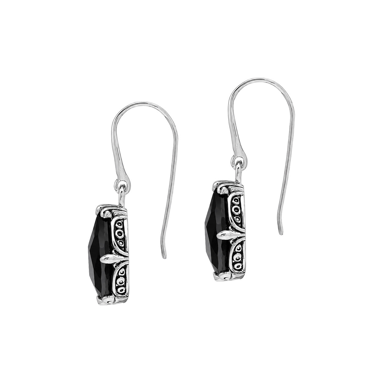 Sterling Silver Black Onyx pear shape drop earrings with handcrafted Balinese detailing