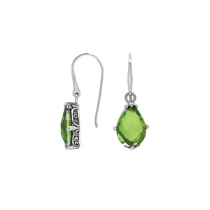 Wholesale Sterling Silver Peridot Quartz Teardrop Earrings With Detailed Balinese-Style Metalwork.