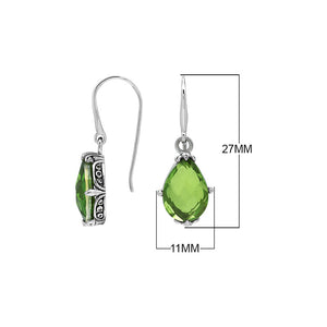 Wholesale Sterling Silver Peridot Quartz Teardrop Earrings With Detailed Balinese-Style Metalwork.