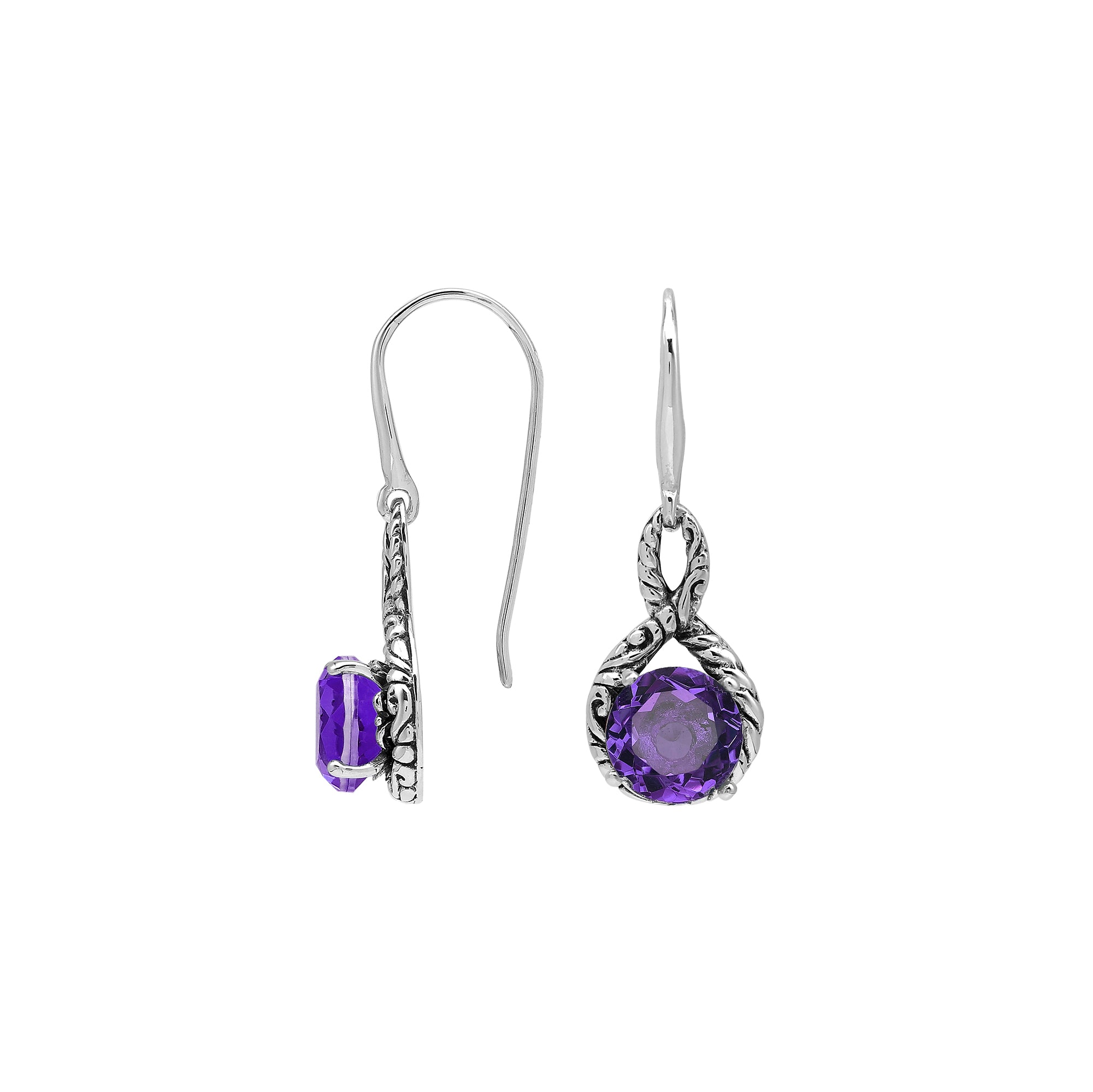 Wholesale Sterling Silver Amethyst Quartz Round Infinity Earrings With Detailed Balinese-Style Metalwork.