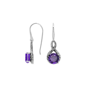 Wholesale Sterling Silver Amethyst Quartz Round Infinity Earrings With Detailed Balinese-Style Metalwork.