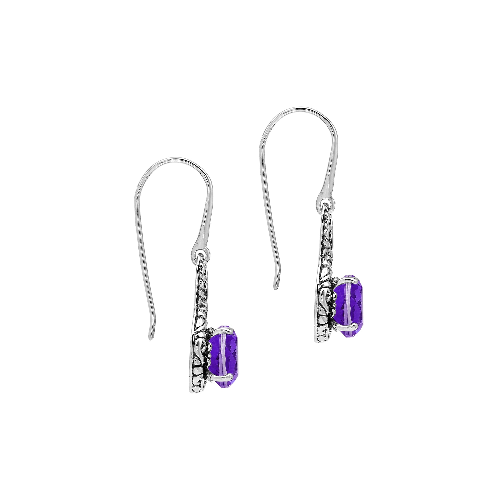 Wholesale Sterling Silver Amethyst Quartz Round Infinity Earrings With Detailed Balinese-Style Metalwork.