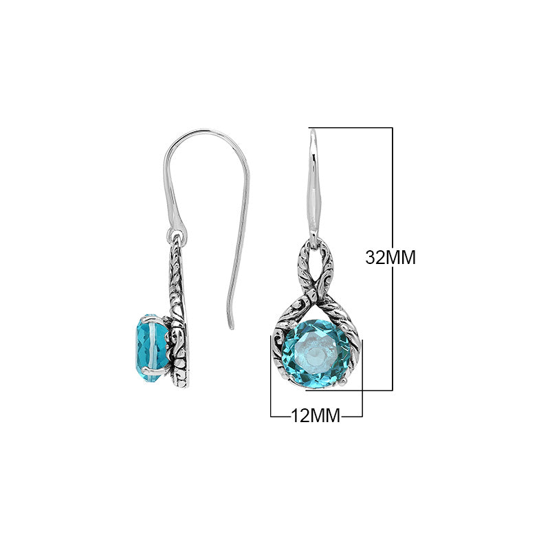 Wholesale Sterling Silver Blue Topaz Quartz Round Infinity Earrings With Detailed Balinese-Style Metalwork.