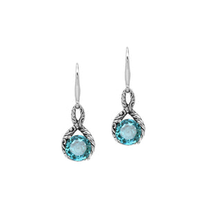 Wholesale Sterling Silver Blue Topaz Quartz Round Infinity Earrings With Detailed Balinese-Style Metalwork.