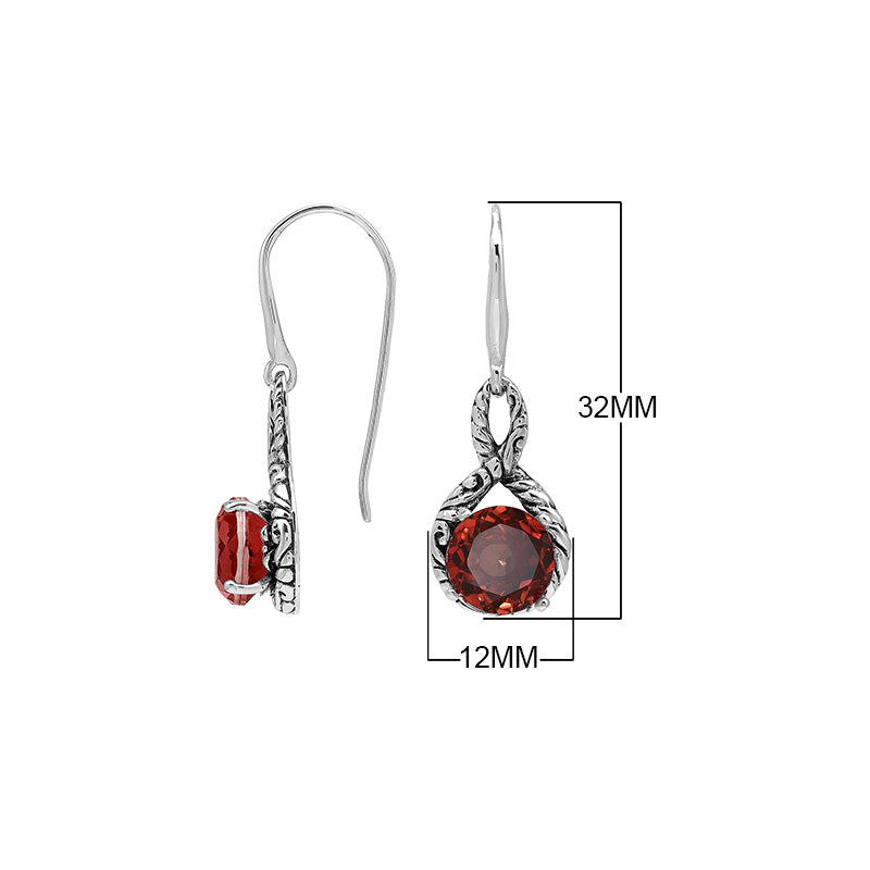 Wholesale Sterling Silver Garnet Quartz Round Infinity Earrings With Detailed Balinese-Style Metalwork.