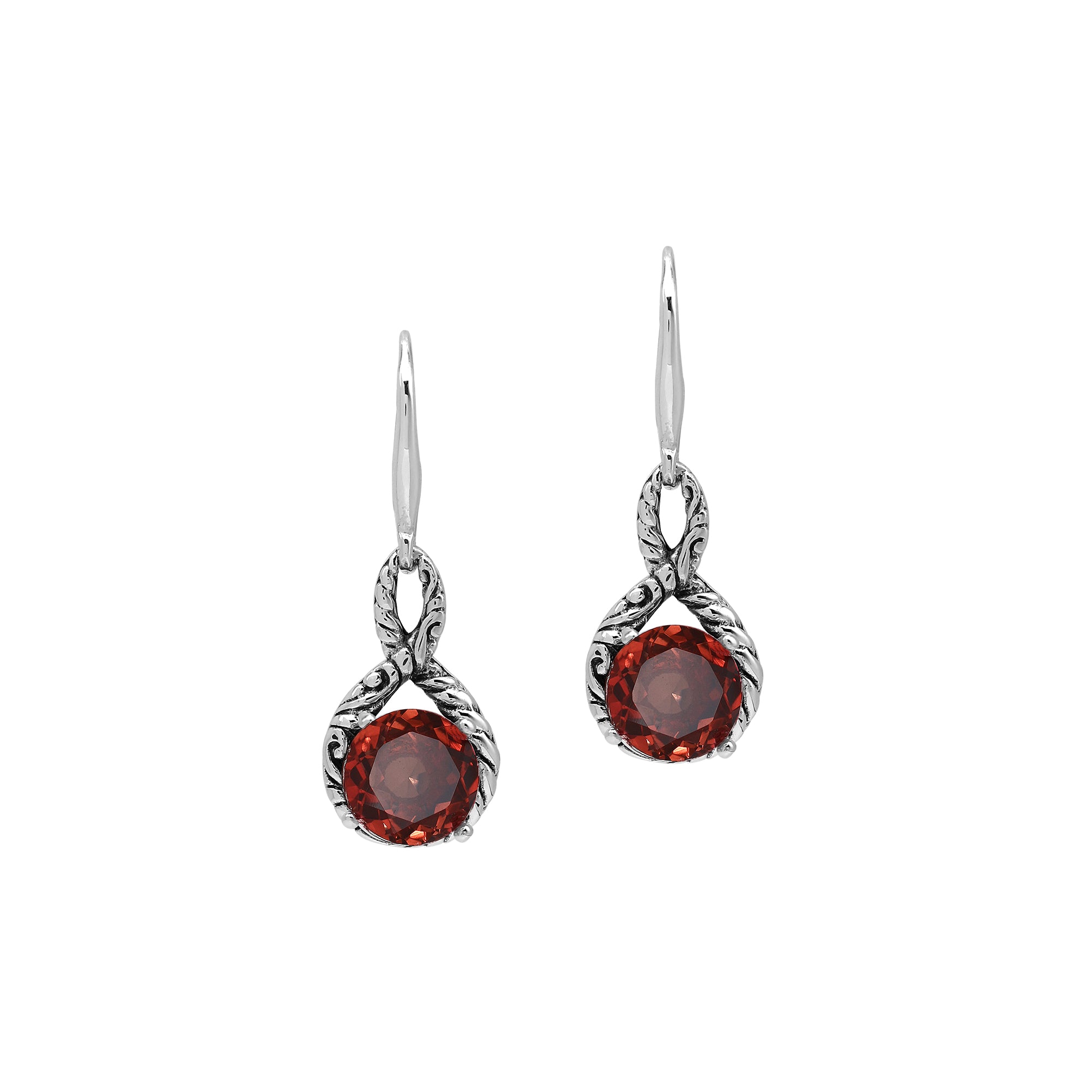 Wholesale Sterling Silver Garnet Quartz Round Infinity Earrings With Detailed Balinese-Style Metalwork.