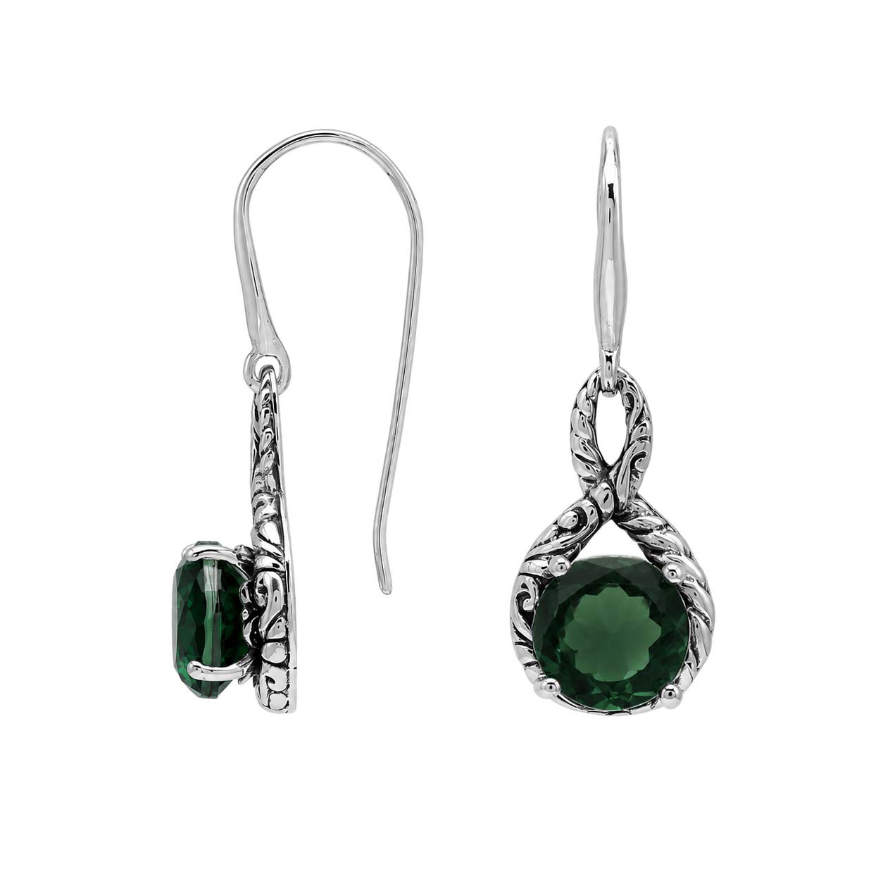 Sterling silver Green Quartz round drop earrings with handcrafted Balinese detailing