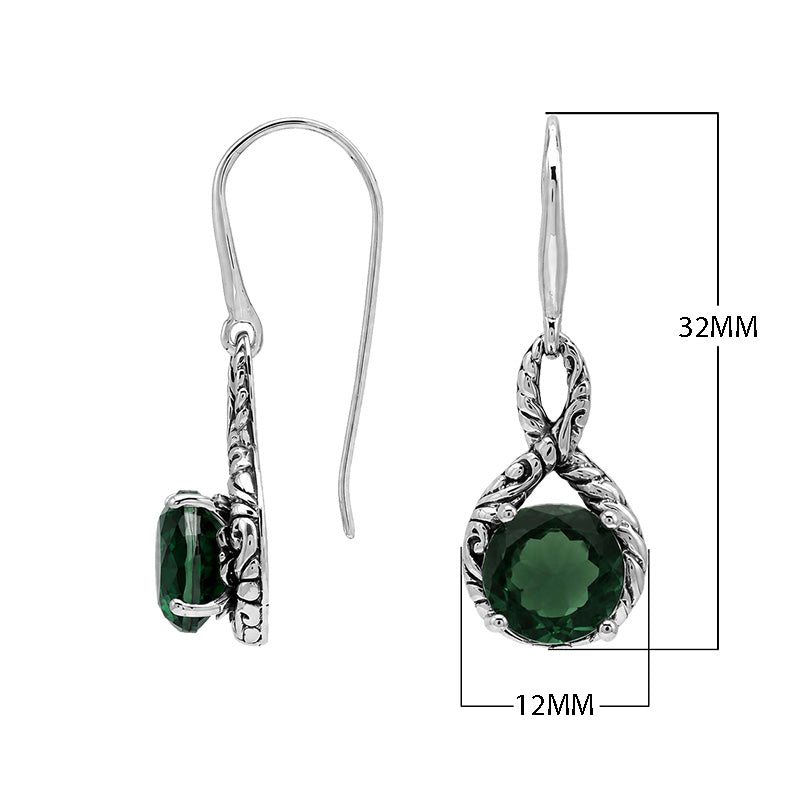 Sterling silver Green Quartz round drop earrings with handcrafted Balinese detailing