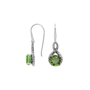 Wholesale Sterling Silver Peridot Quartz Round Infinity Earrings With Detailed Balinese-Style Metalwork.