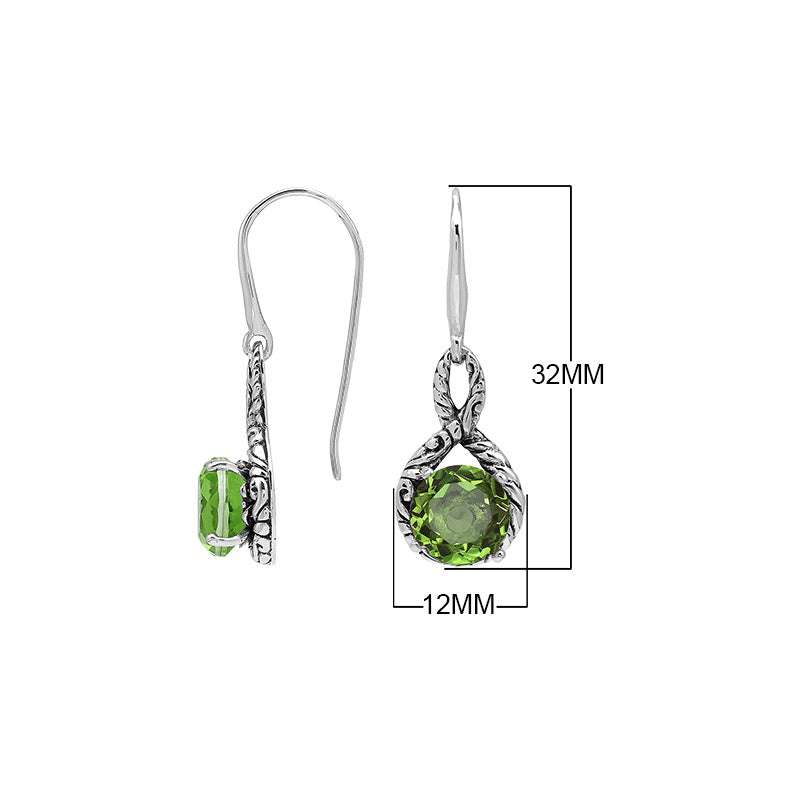 Wholesale Sterling Silver Peridot Quartz Round Infinity Earrings With Detailed Balinese-Style Metalwork.