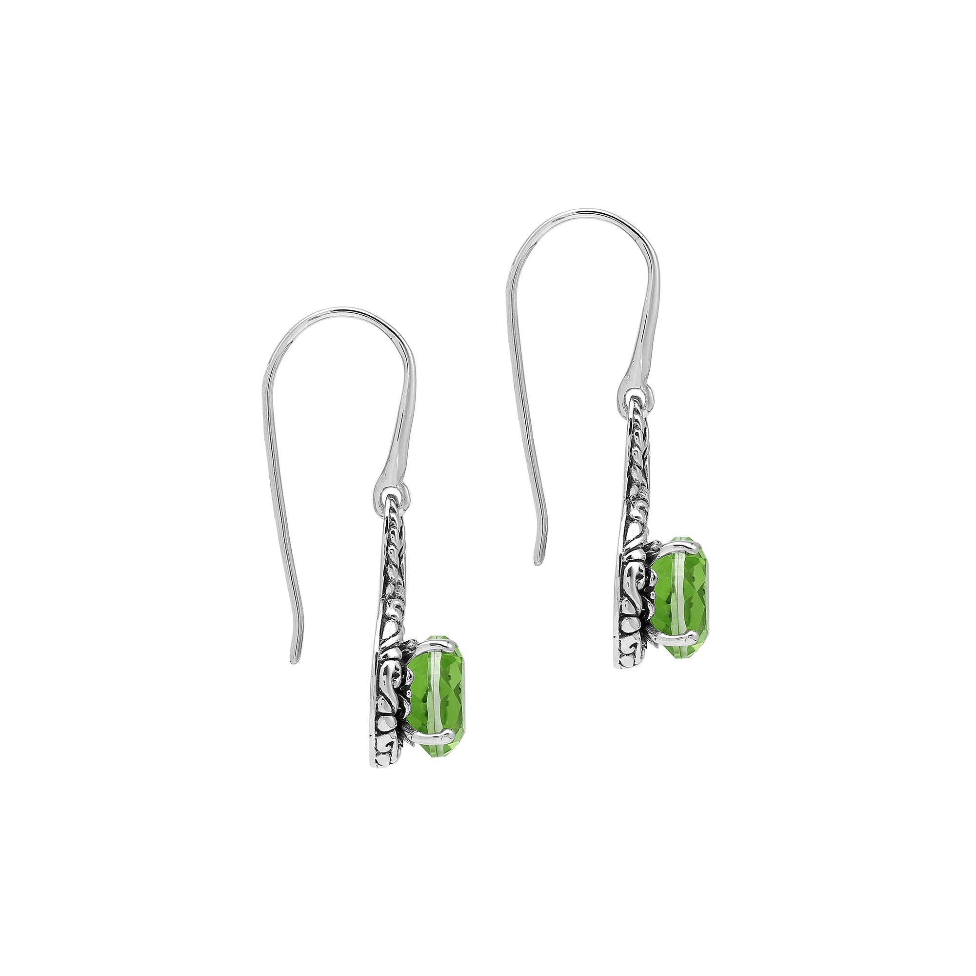 Wholesale Sterling Silver Peridot Quartz Round Infinity Earrings With Detailed Balinese-Style Metalwork.