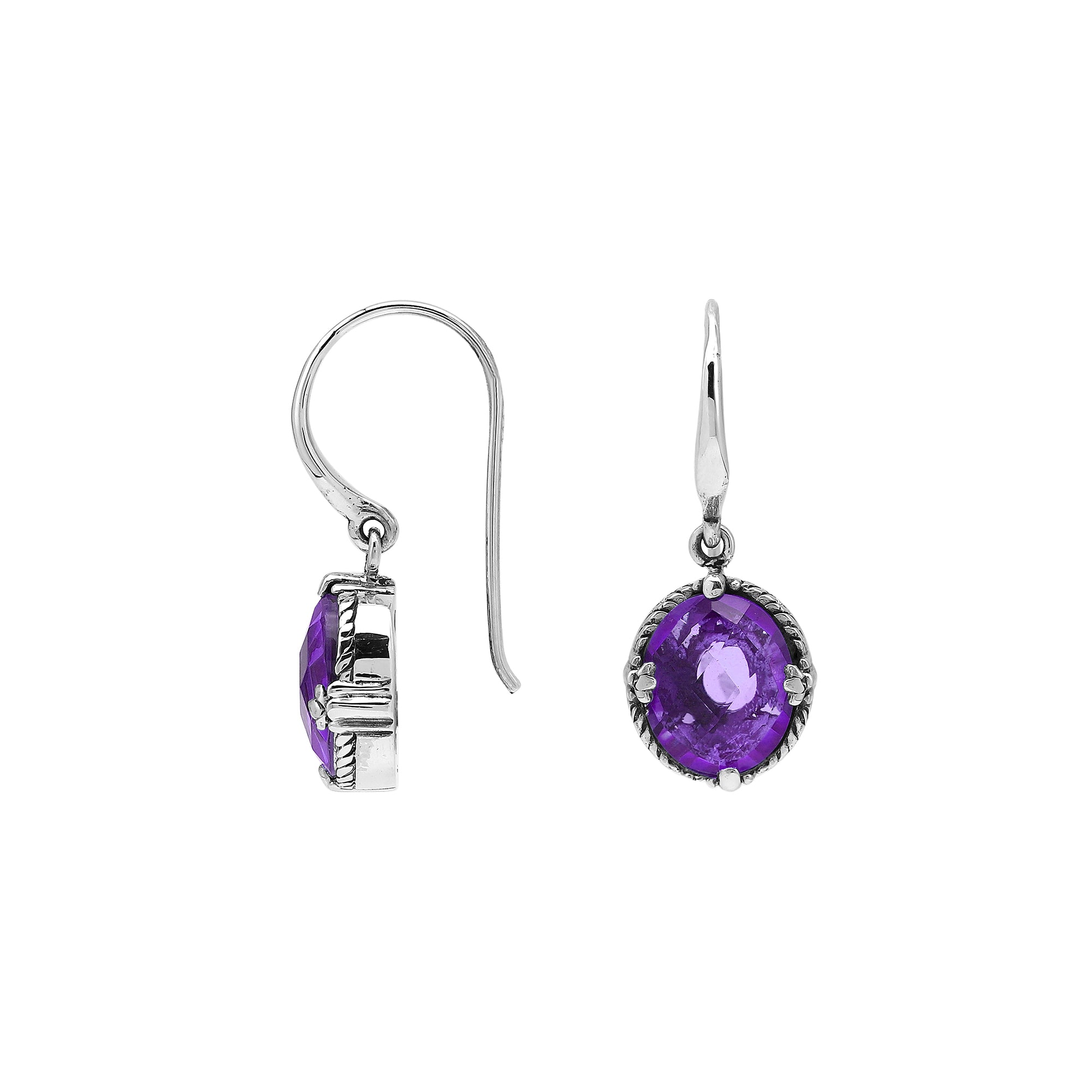 Wholesale Sterling Silver Amethyst Quartz Oval Rope-Frame Earrings With Detailed Balinese-Style Metalwork.
