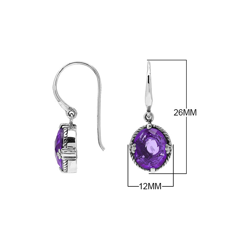 Wholesale Sterling Silver Amethyst Quartz Oval Rope-Frame Earrings With Detailed Balinese-Style Metalwork.