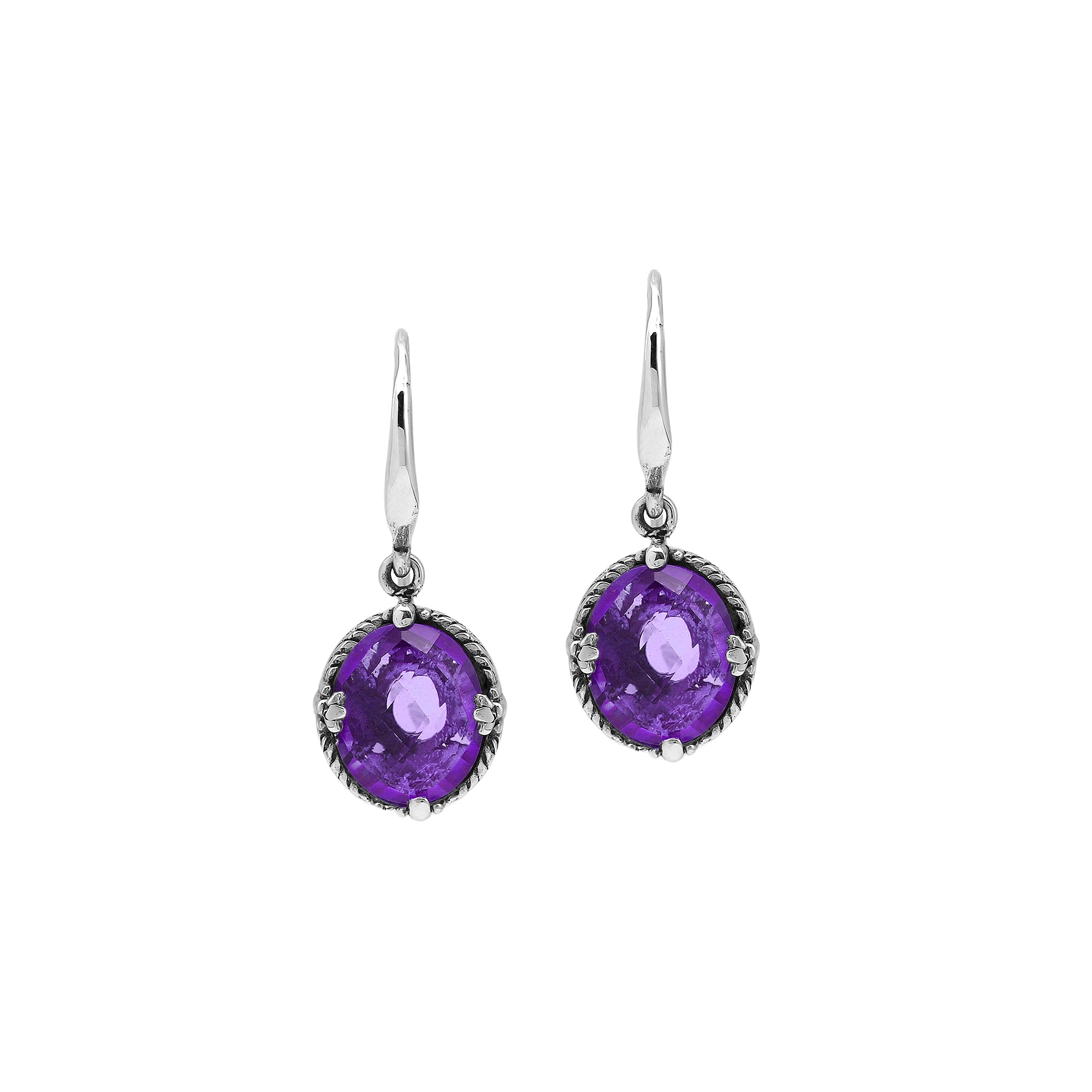 Wholesale Sterling Silver Amethyst Quartz Oval Rope-Frame Earrings With Detailed Balinese-Style Metalwork.