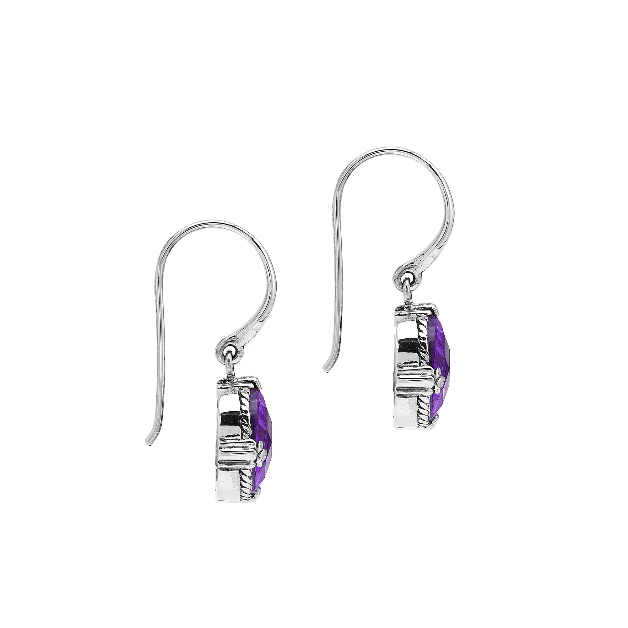 Wholesale Sterling Silver Amethyst Quartz Oval Rope-Frame Earrings With Detailed Balinese-Style Metalwork.
