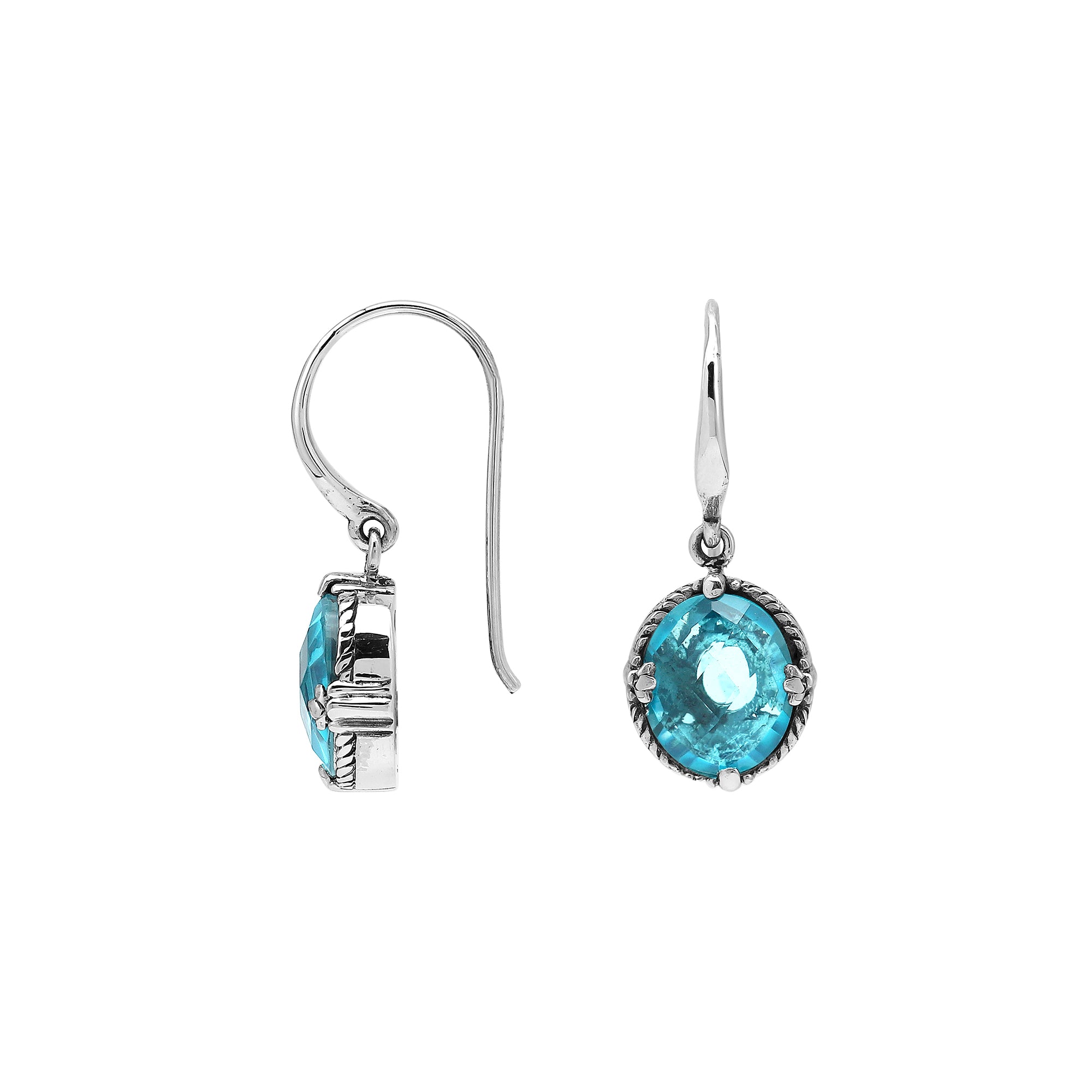 Wholesale Sterling Silver Blue Topaz Quartz Oval Rope-Frame Earrings With Detailed Balinese-Style Metalwork.