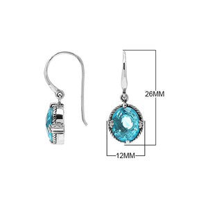 Wholesale Sterling Silver Blue Topaz Quartz Oval Rope-Frame Earrings With Detailed Balinese-Style Metalwork.