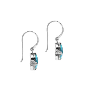 Wholesale Sterling Silver Blue Topaz Quartz Oval Rope-Frame Earrings With Detailed Balinese-Style Metalwork.