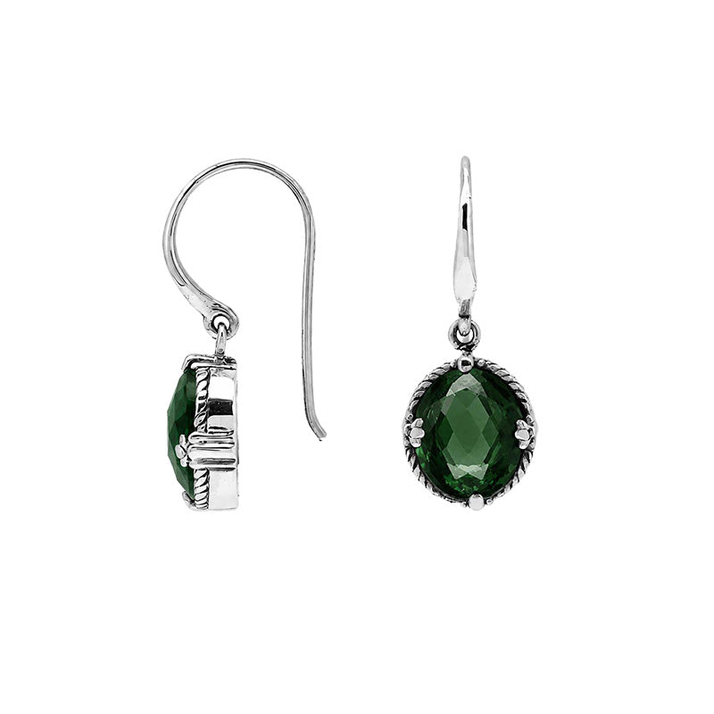 Sterling silver Green Quartz oval-cut drop earrings with handcrafted rope detailing