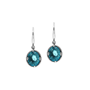 Wholesale Sterling Silver London Blue Topaz Quartz Oval Rope-Frame Earrings With Detailed Balinese-Style Metalwork.